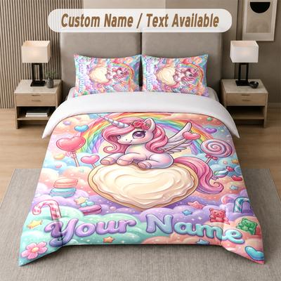 Unicorn Theme Custom Text Or Name 3Pcs Bedding Set 1 Flat Sheet & 2 Pillowcases Personalized Home Bedding