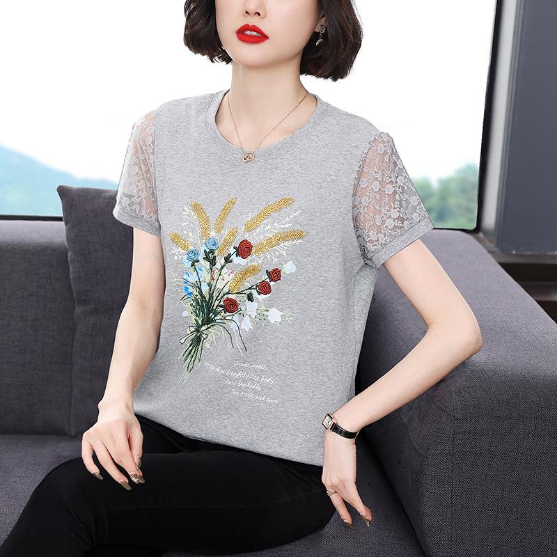 

2023 Новые вышитые футболки из чистого хлопка с короткими рукавами для женщин среднего возраста 4XL серый