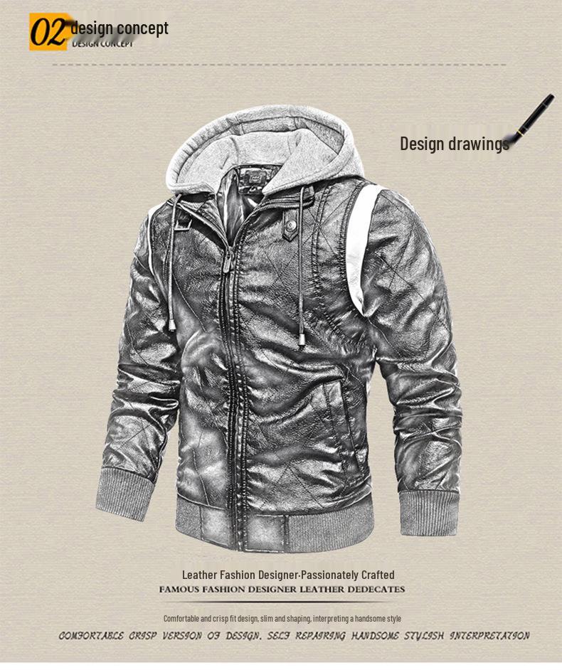 2021 Men's Fashion Hooded Embroidered Leather Motorcycle Jacket, Autumn/Winter Outerwear