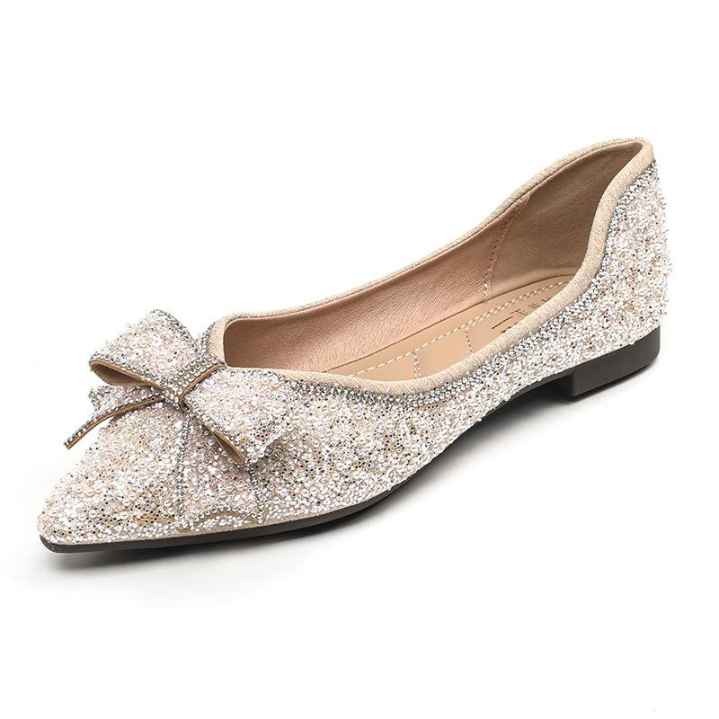 Fashion Rhinestone Beading Bowknot flat shoes woman pointed toe bling crystal wedding shoes female ballet flats moccasins big size 43