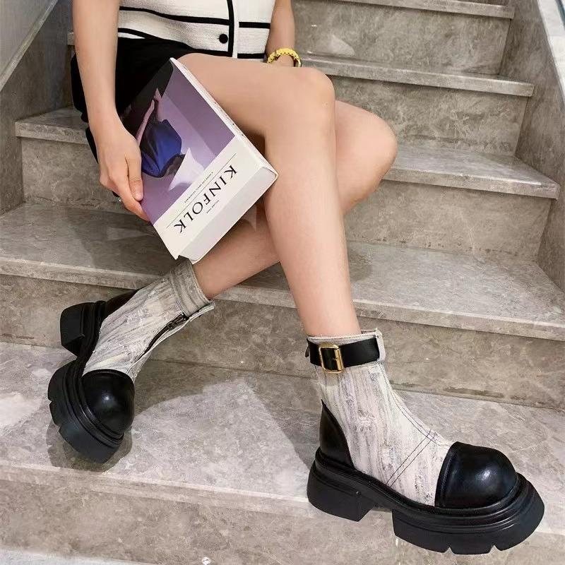 Thick Bottom Cowboy Female Women Boots Platform Thick Sole Short Boots for Women  Lady Motorcycle Boots Women D304