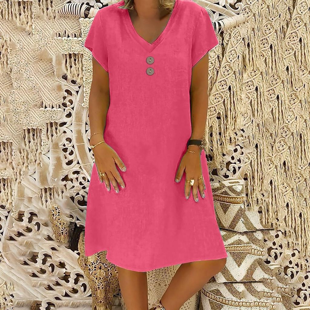 Women's Fashionable Retro V-Neck Short-Sleeve Casual Cotton-Linen Dress