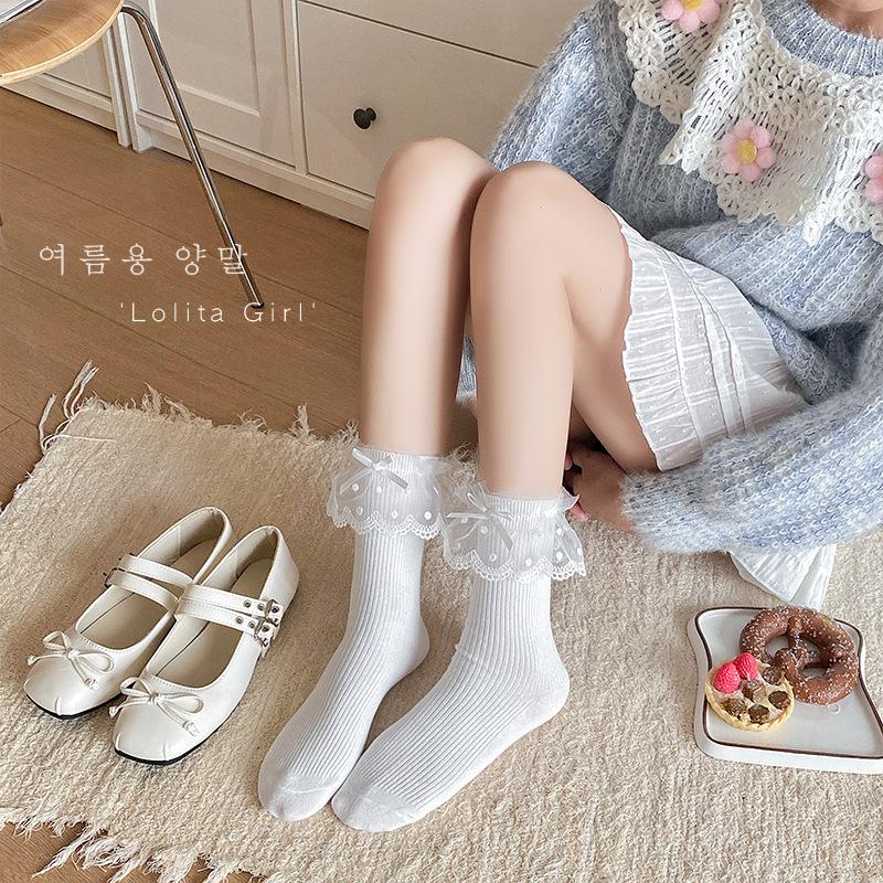 Girls' Spring and Autumn Socks with Lace Bows, Girls' Lolita Mid-calf Piles, Autumn and Winter Ballet-style Student Socks