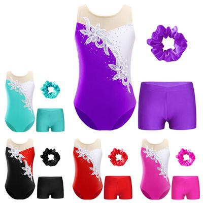 Kids Girls Ballet Dance Set Leotard Figure Skating Gymnastics Outfit Acrobatics Bodysuit Sleeveless Catsuit Shorts and Hair Band
