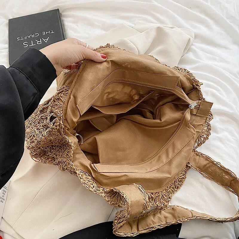 Böhmische Strohtaschen für Frauen, Kreis-Strand-Handtaschen, Sommer-Rattan-Umhängetaschen, handgefertigt, gestrickt, für Reisen, große Tragetaschen, Neu