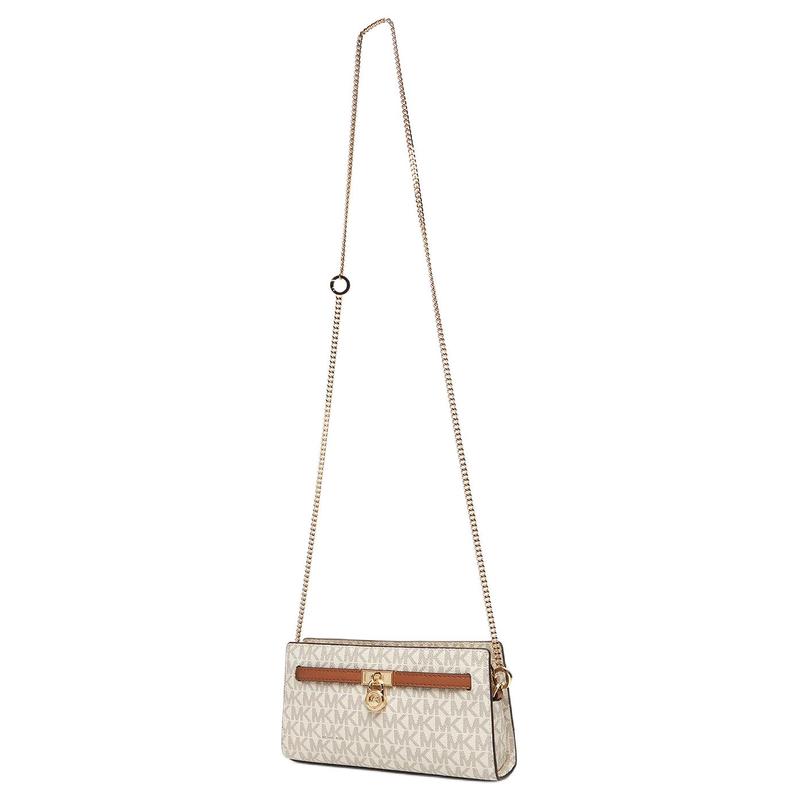Michael Kors Hamilton Moderne Lettered All-over Gold Hardware Coated Canvas Crossbody Bag Mini Women's Vanilla White