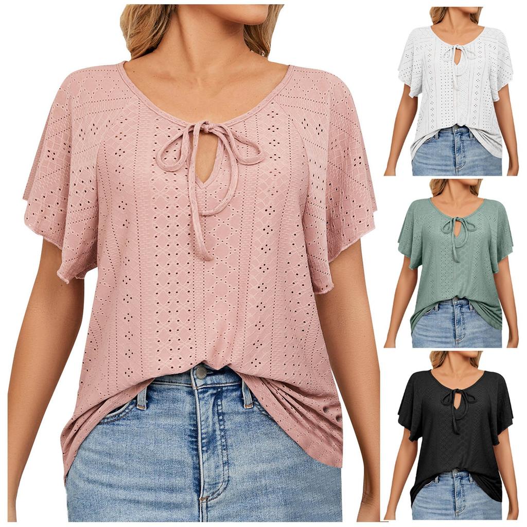 Women's Plain Casual Hollowed-out V-neck  Raglan Sleeve Short Sleeve Loose T-shirt Top