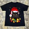 Black Cat Santa Hat Christmas Lights T Shirt S5XL Unisex T-Shirt
