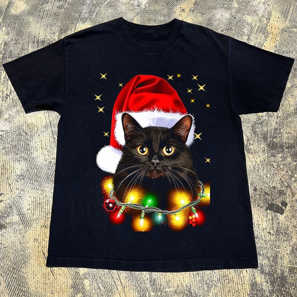 

Black Cat Santa Hat Christmas Lights T Shirt S5XL Unisex T-Shirt S