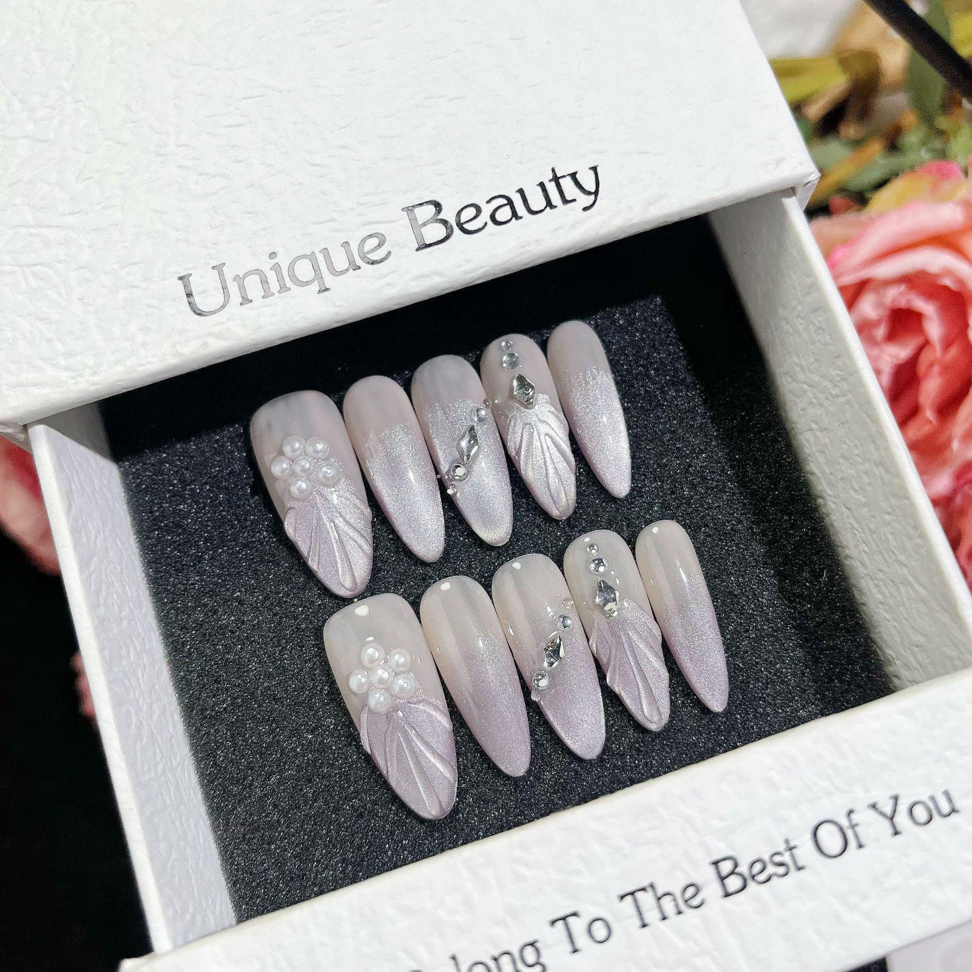 

Ручная работа Серебряный Кошачий глаз Черно-белые типсы для ногтей - Съемные, Короткие, Летняя коллекция S