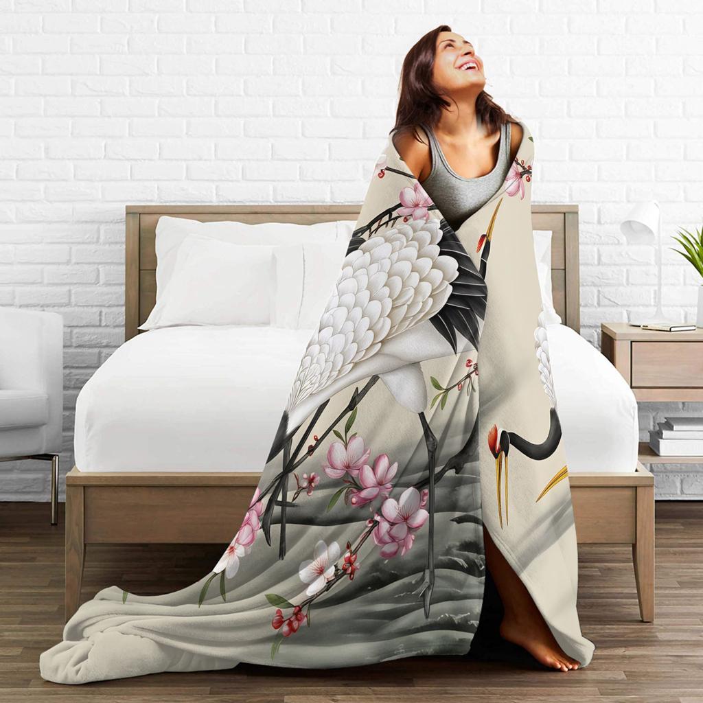Chinese Style Crane Warm Soft Blankets Kids Adult Plush Throw Blanket Print Home Decor Flannel Bedspread Sofa Bed Cover