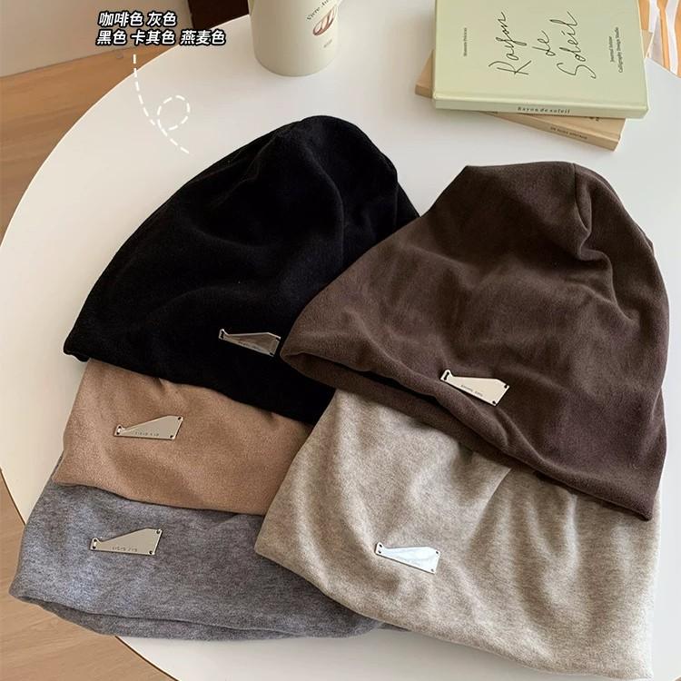 High-end black stacking hat women's autumn and winter cold hat head cover confinement hat big head circumference showing face small knitted hat