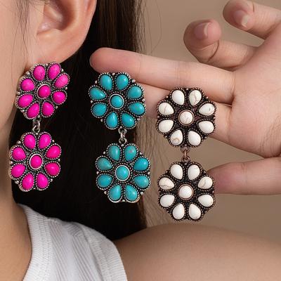 Vintage Turquoise Flower Earrings Women'S Exaggerated Temperament Geometric Horseshoe Earrings Bohemian Long Ear Jewelry