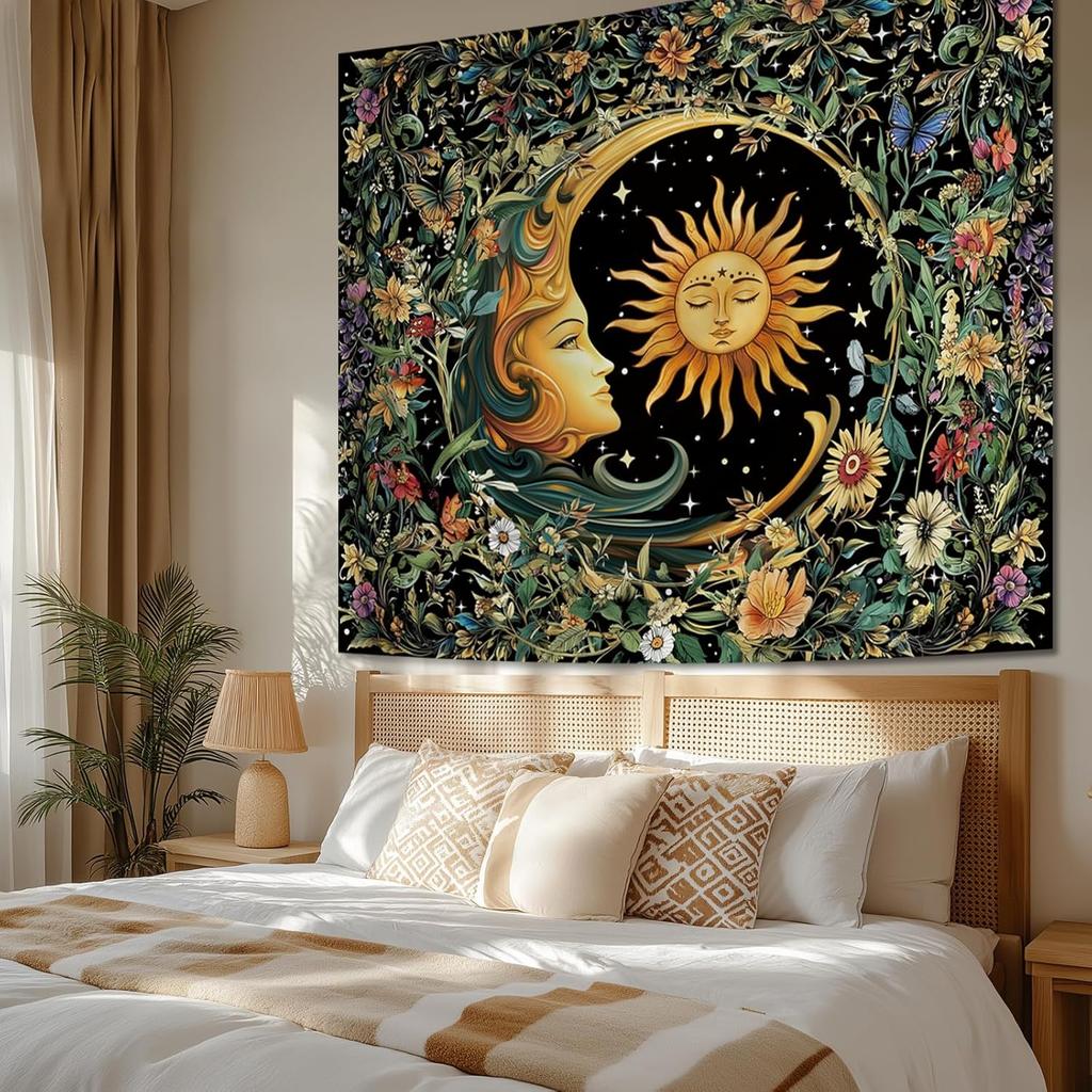 Boho Sun and Moon Tapestry Aesthetic for Bedroom, Bohemian Vintage Mandala Mystic Floral Tapestry Wall Hanging Art Decor