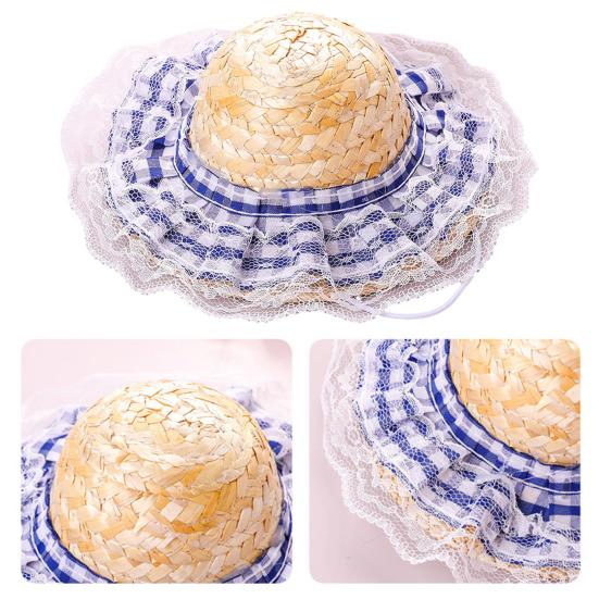 Cat Straw Hat Lace Ruffle Cute Bow Cat Sun Hat Elastic Strap Adjustable Retro Sun Hat for Cats Small Dogs Sun Protection Photo Prop