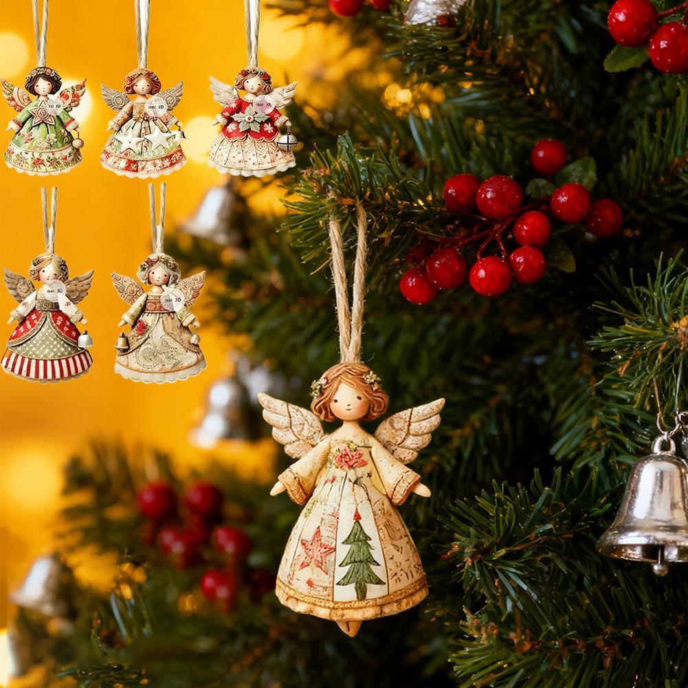 6/12/24PCS Christmas Tree Decorations 2D Angel With Bell Hanging Ornaments Wooden Angel-Shaped Pendants for Xmas Tree Home Decor