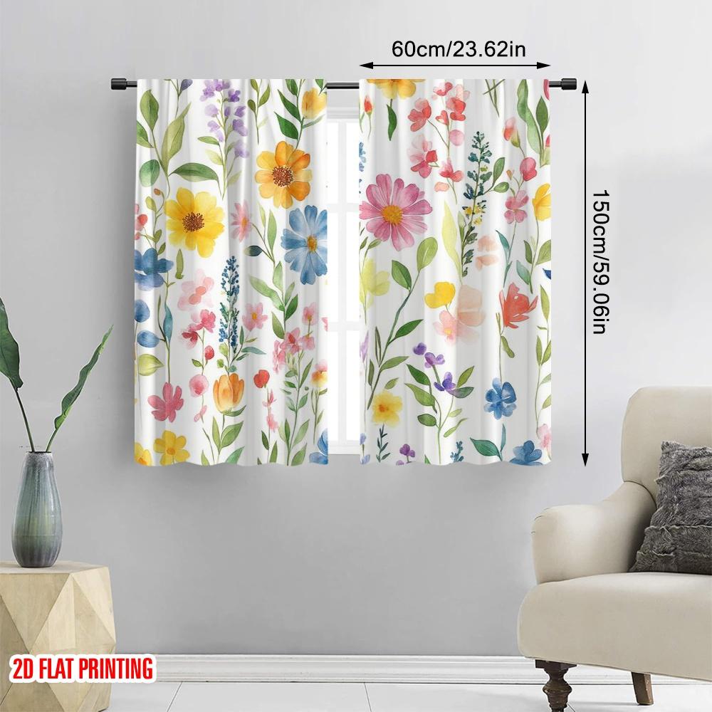 2pcs,2D Plane Printing Curtain Popular Blooming Canvas Versatile Polyester (without Rod) Festive for Kitchen Living Room Office