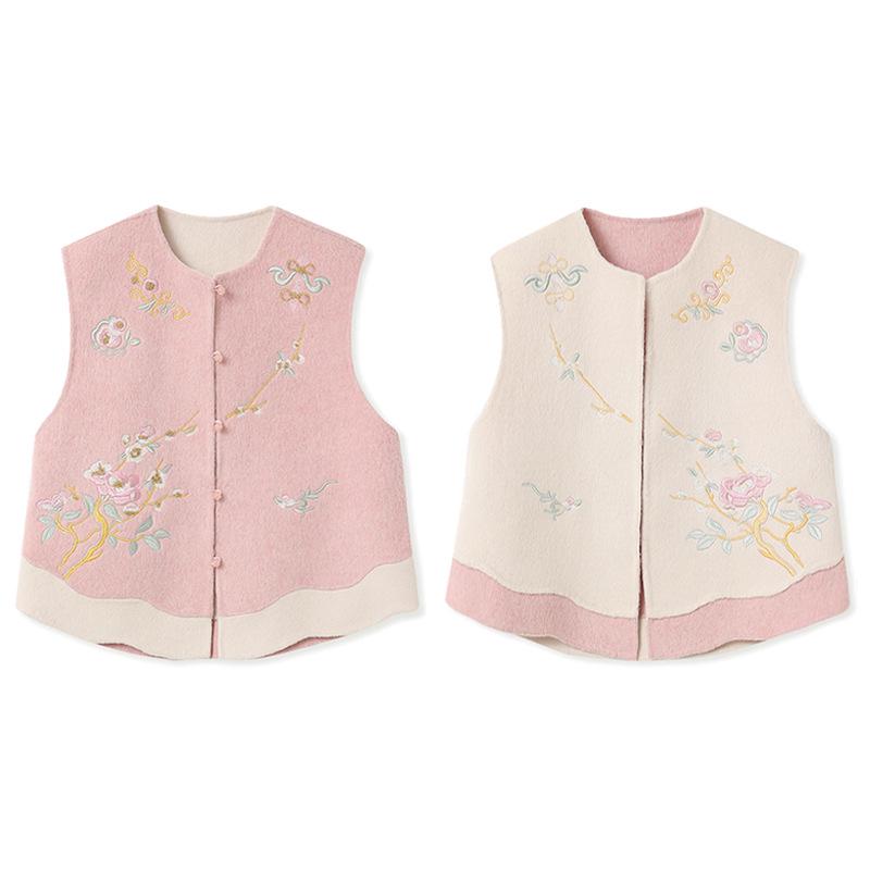 Women s Winter Embroidered Wool Coat & Color Block Vest Set M