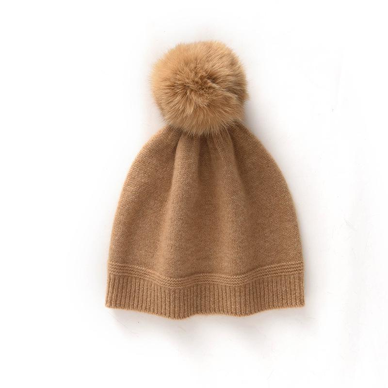 Women's Winter Cashmere Hat with Fox Fur Pom-Pom, Knitted Wool Ear Protection, Slimming and Warm Postpartum Design