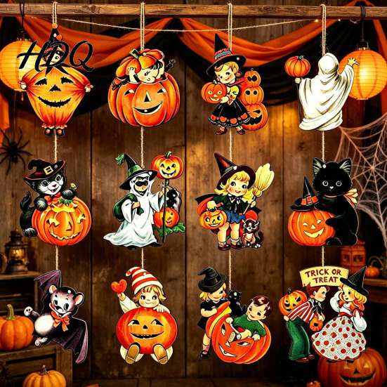 Retro Cartoon Style Party Favors Halloween Wooden Pendants with Lanyard Vintage Hanging Ornaments Pumpkin Ghost Black Bulk Decorations for Events Cat