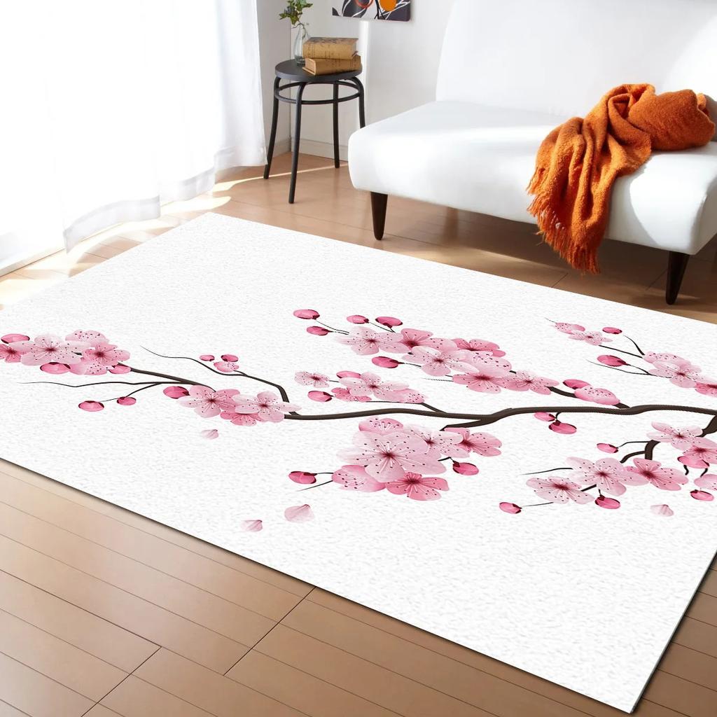 Pink Cherry Blossom Rug Romantic Floral Spring Carpet Non Slip Floor Mat for Girl's Bedroom, Bedside Living Room
