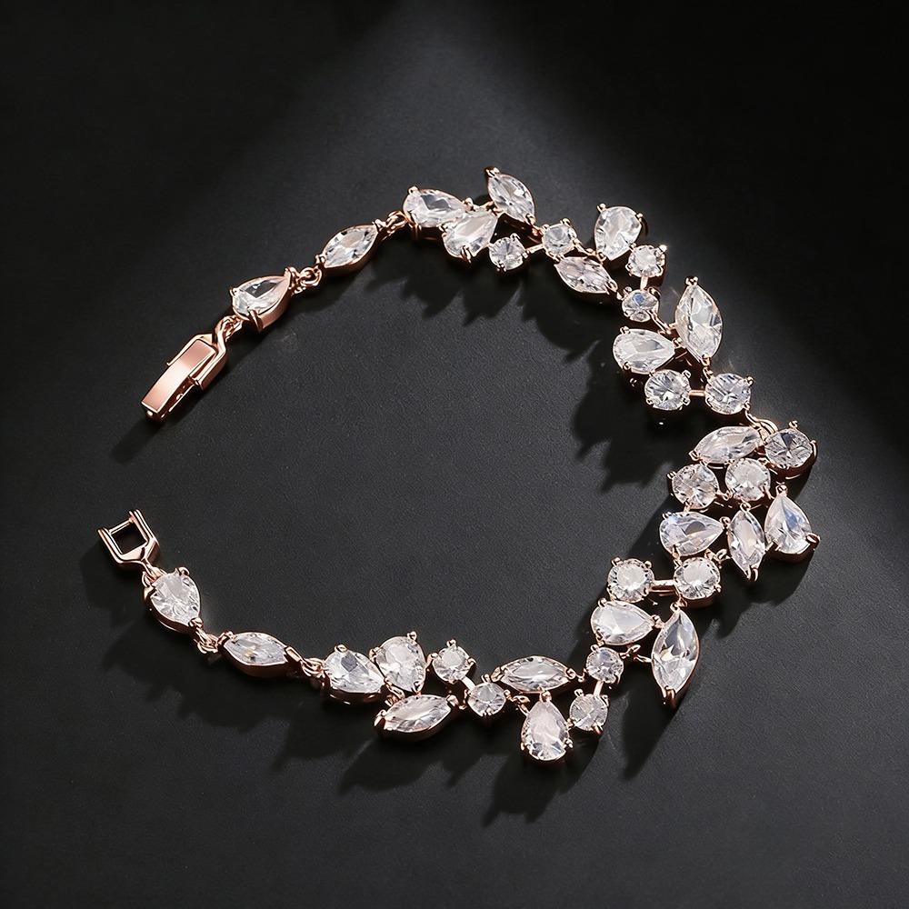 Shiny Crystal Leaf Shape Bracelet Silver Color Wristlet Plant Design Dangle Earrings  Gift Bangle