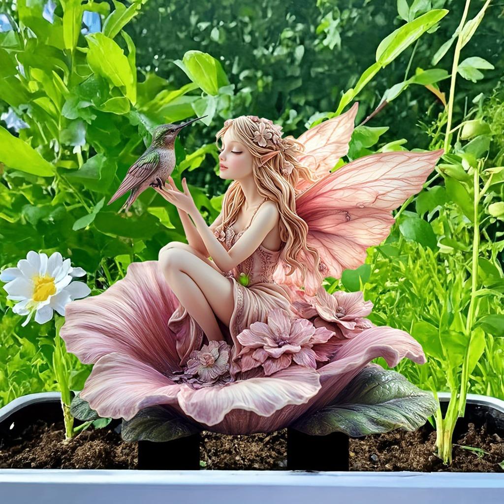 Whimsically Fairies and Hummingbird Acrylic Yard Stake Waterproof Garden Sign Ground Insert Outdoor Indoor Decors