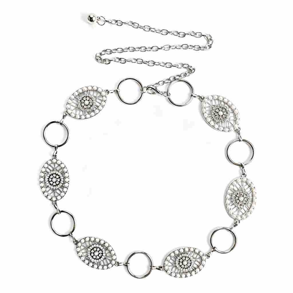 Hanging Rhinestone-plated Pearl Inlaid Metal Waist Chain Bohemian Retro Hollow Engraved Alloy Belt Vacation Match