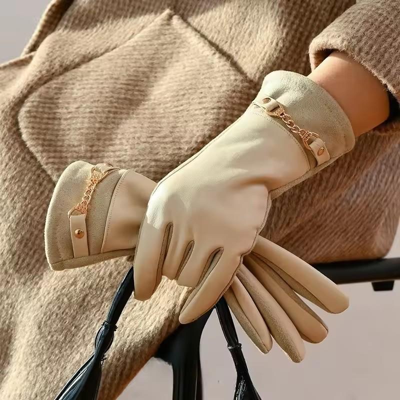 Winter Korean Elegant Synthetic Leather Gloves for Women Waterproof Fleece Lining Warm Touch Screen Waterproof Windproof Gloves
