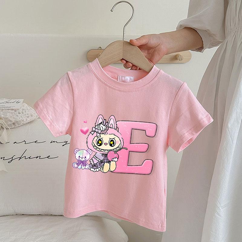 

Labubu Kawaii T-shirts for Girls Anime Cartoon Cute Short Sleeved Shirt Children Summer Sweet Top Letter A-Z Printed T-shirt 130