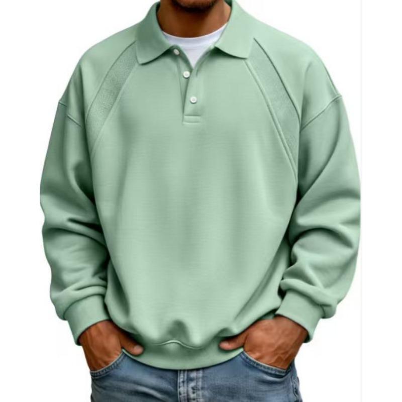Men Raglan Sleeve Polo Sweatshirt Long Sleeve Button Placket Solid Color Loose Fit Casual Pullover