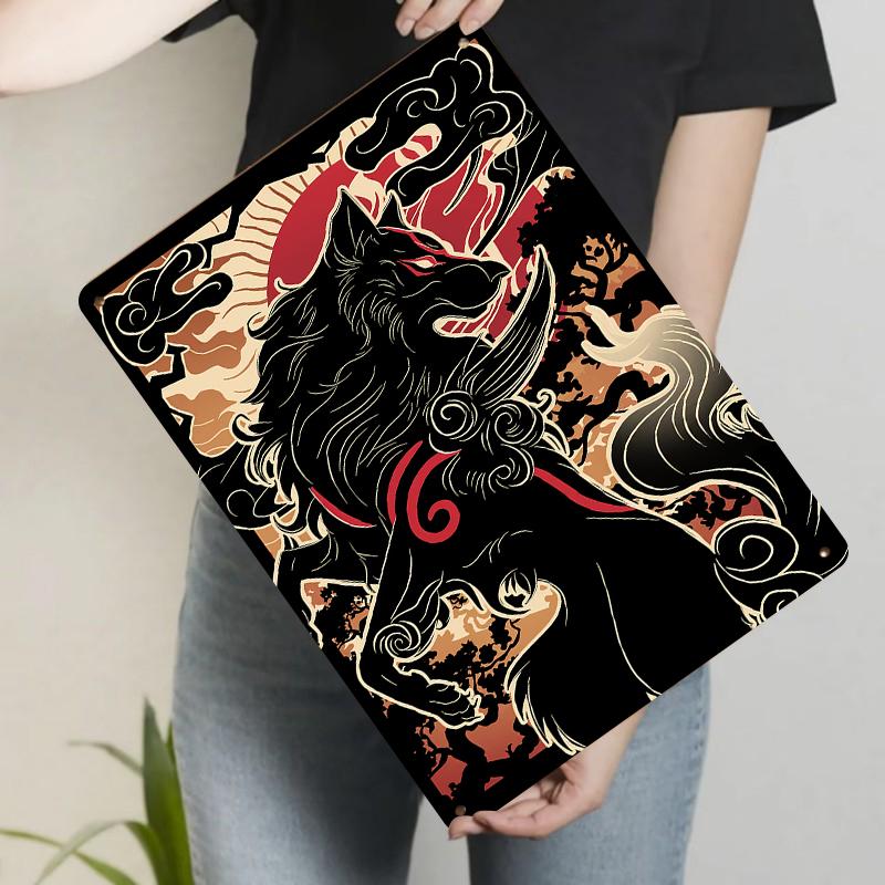 

Japanese Traditional Wind God Wolf Totem Metal Iron Painting Home Decor Wall Art Vintage Mural Hanging 20x30cm（7.8x11.8inch）
