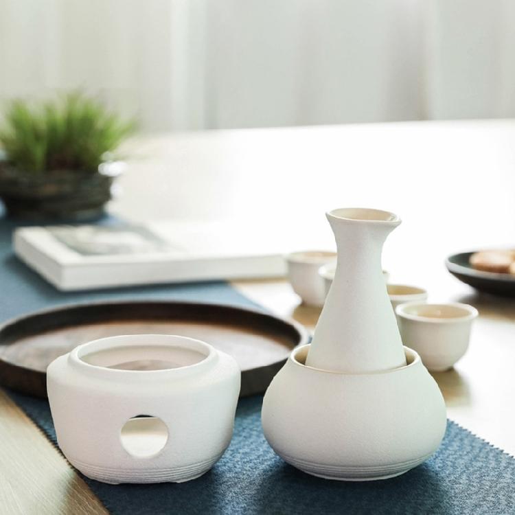 Japanese Drinking Set Contains Heat Resistant Sake Carafe Bottle 4 Cups Warmer Candle Stove Birthday Housewarmings Gift