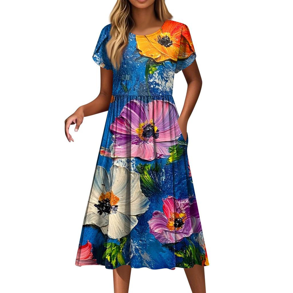 Dámské módní ležérní šaty s volným potiskem s kulatým výstřihem a kapsou s krátkým rukávem