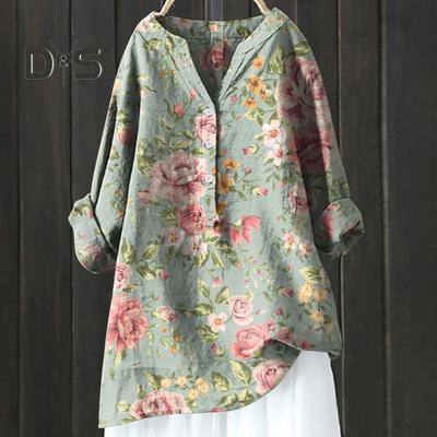 Women Shirt Stand Collar V-Neck Buttons Half Placket Long Sleeve Pullover Tops Flower Print Loose Fit Blouse