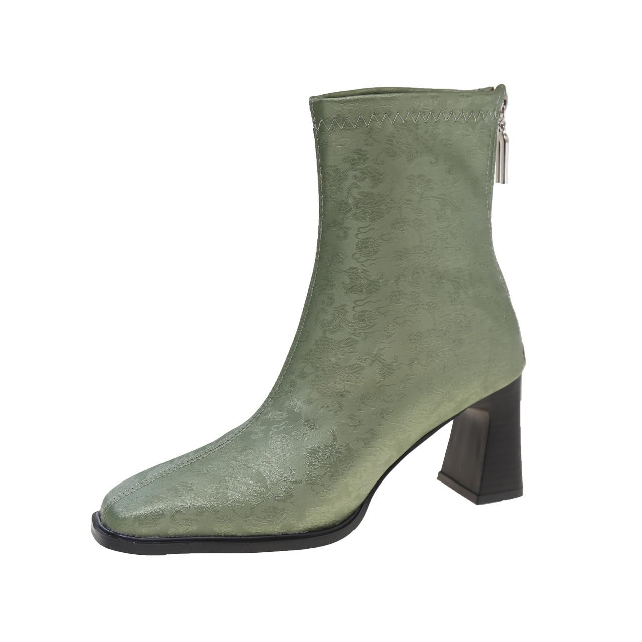 

New Chinese jacquard cloth short boots 2024 foreign trade autumn and winter new European and American style small square head thick heel medium heel 42 зелений