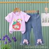 Girls Summer Cute Cartoon Short Sleeve Tee And Bow Knot Jeans Two Piece Set Casual Outfit