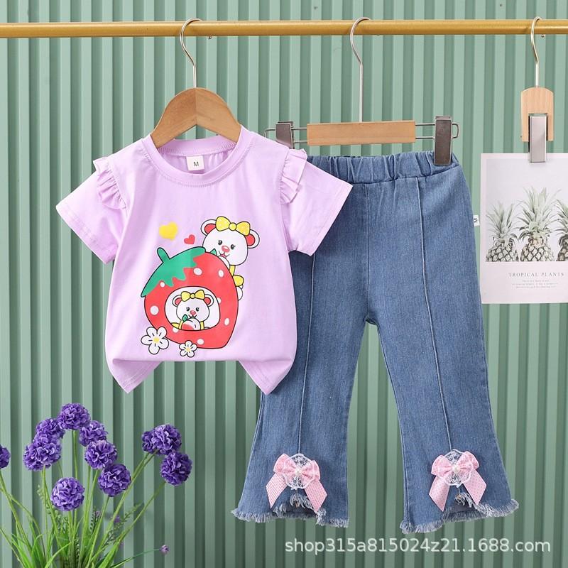 Girls Summer Cute Cartoon Short Sleeve Tee And Bow Knot Jeans Two Piece Set Casual Outfit