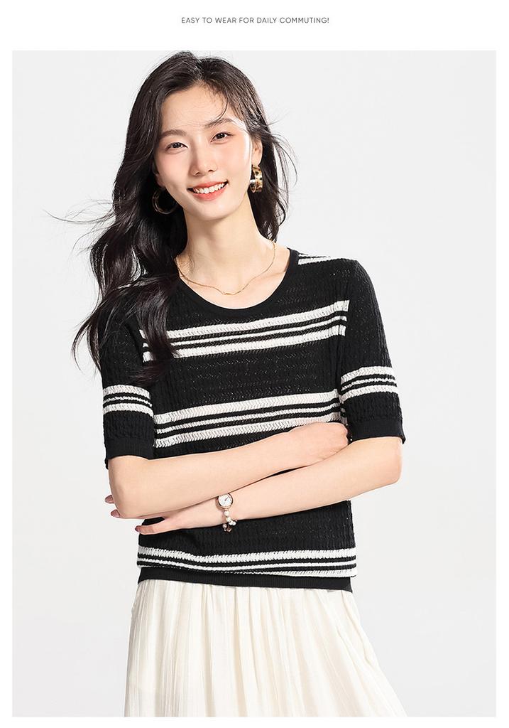 Black and white contrasting T-shirt with mulberry silk, striped knit shirt, casual short sleeved, summer comfortable women's T-shirt top