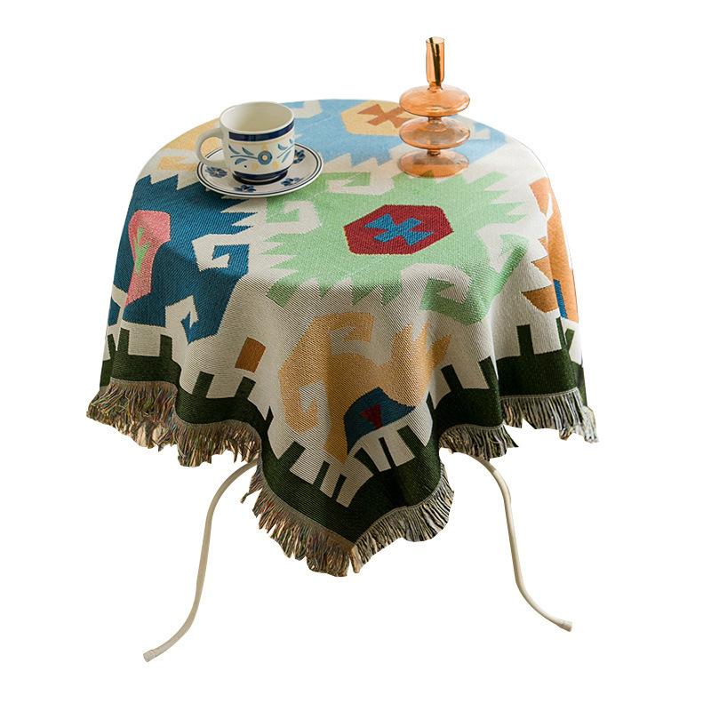 Morandi Color Ethnic Color Geometric Cotton And Linen Lace Tablecloth Coffee Table Cloth High-End Round Table Cloth Table Cloth