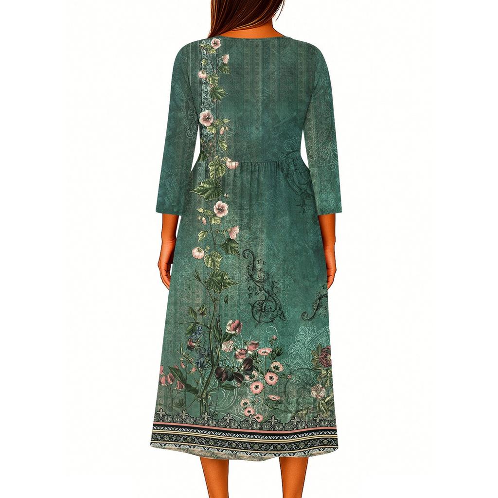 Dame Mote Trykket Rund Hals Syv Kvart Erm Knapp Løs Skjortekjole