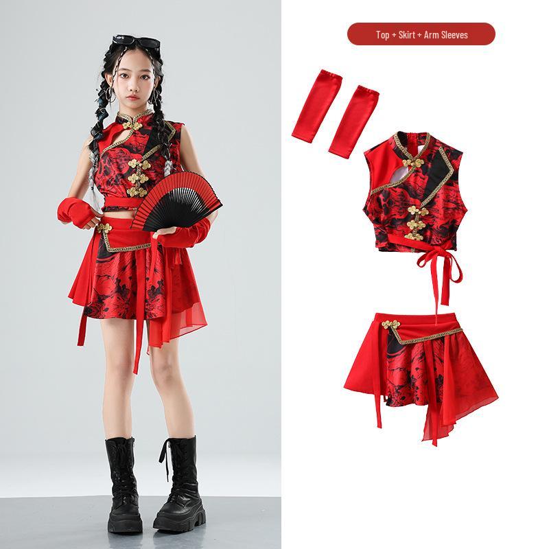 Chinese Red Dragon Jazz Dance Skirt Set - Girls' Fashion Show & Street Dance Costume