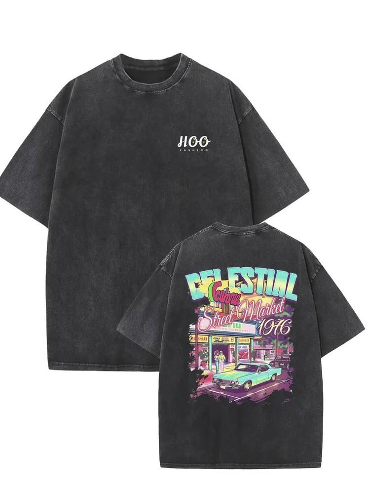 Men s  Heavyweight Cotton T-Shirt - Dual-Sided Vintage Car & Cityscape Graphic P Unisex T-Shirt S