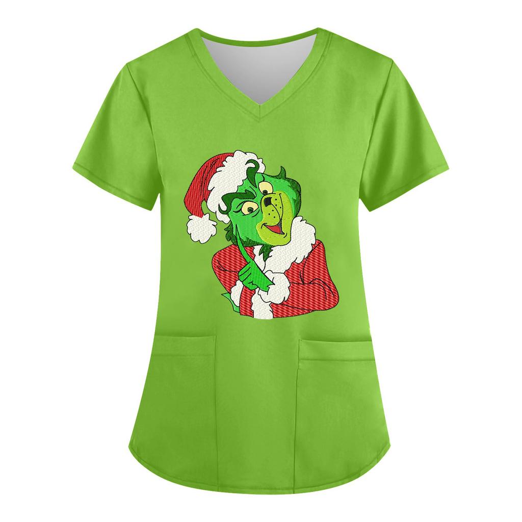 Women's V-neck Christmas Print Short-sleeved Pocket Side Slit Uniform Top