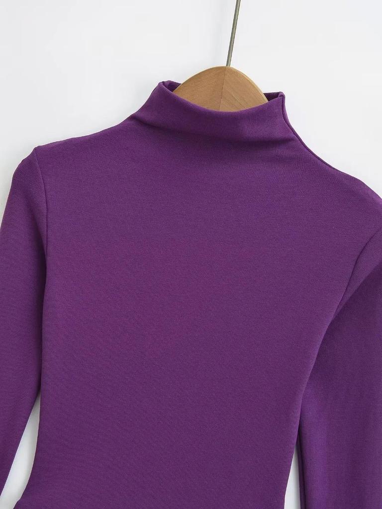 Pure Desire Women's High Neck Irregular Hem Long Sleeve T-shirt - Spring/Autumn Elastic Fit