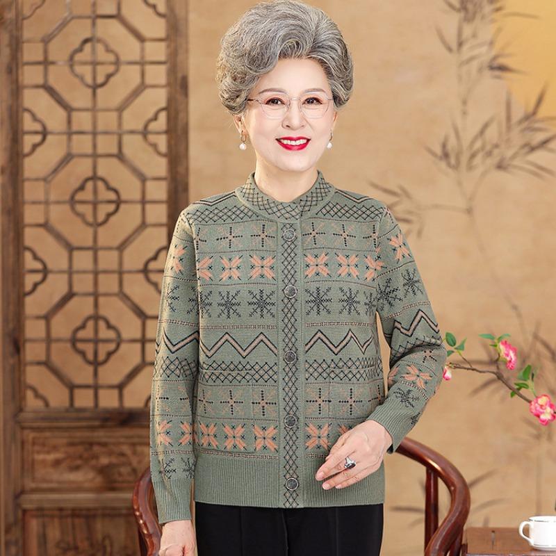 Mom Autumn Winter Jacket Old Man Autumn Clothing Knitted Cardigan Female Grandma Sweater Old Woman Age 0 Loose Top