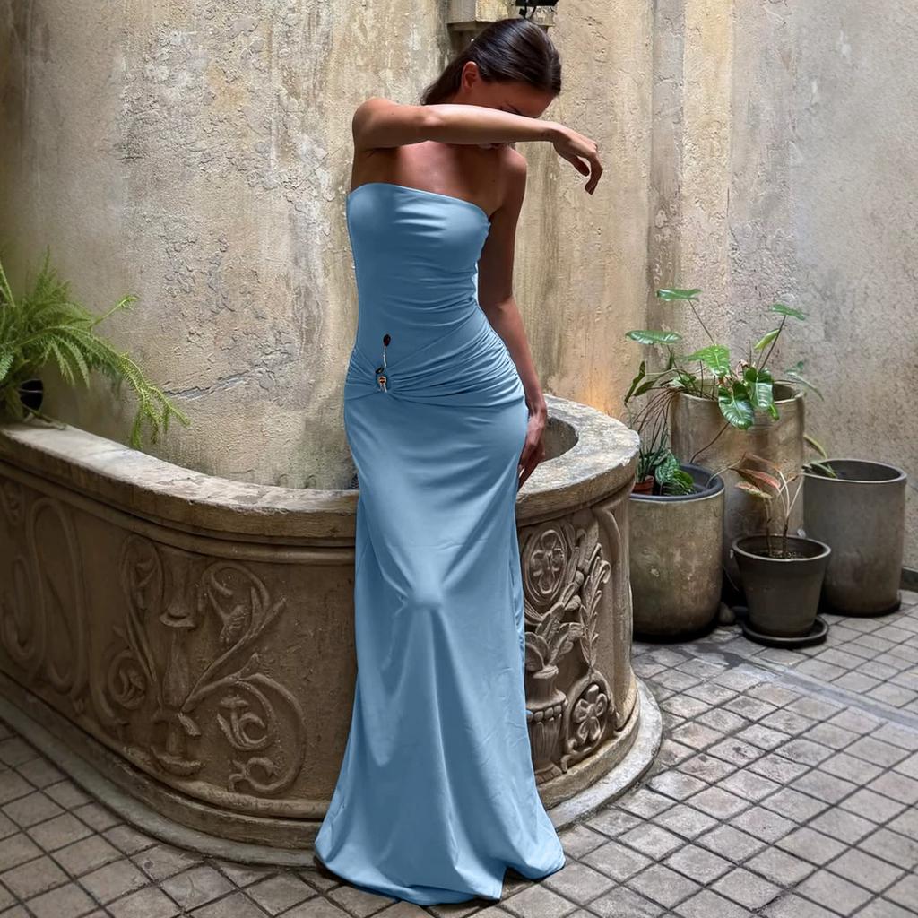  Gtpdpllt Sexy Strapless Bodycon Maxi Dress Ruched Waist With Metal Detail Elegant Formal Evening Cocktail Party Wedding Guest Dr