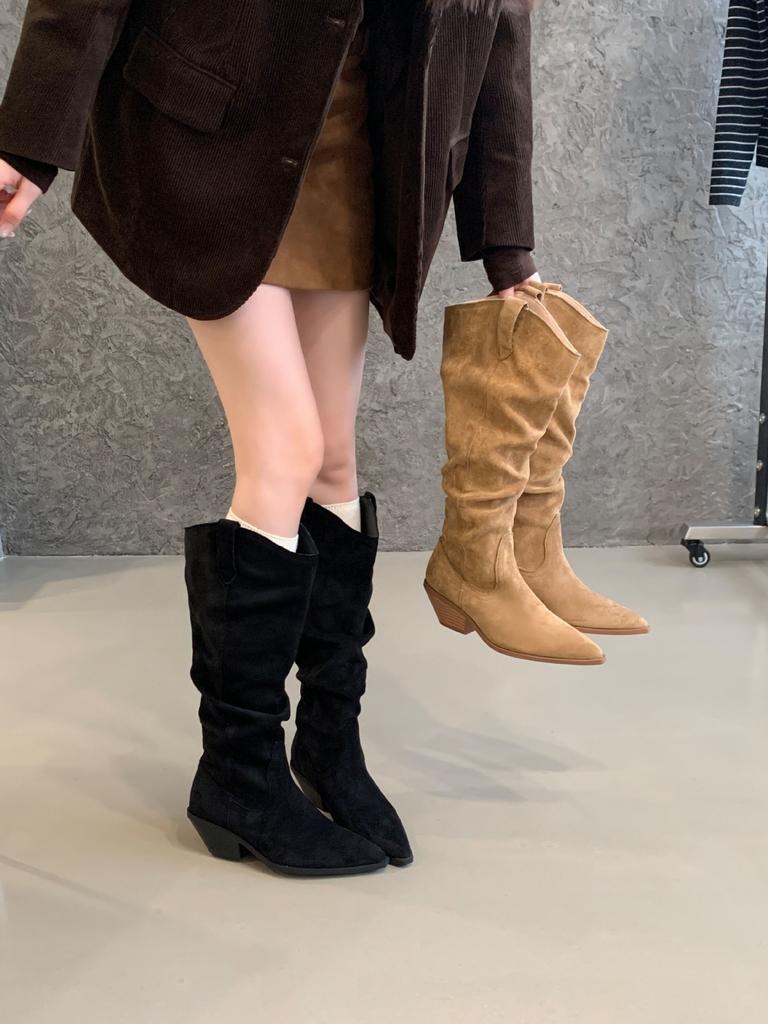 Pointed Thick Heel Pile Boots Tall Boots 2025 Autumn and Winter Khaki Short Boots But Knee Small Boots