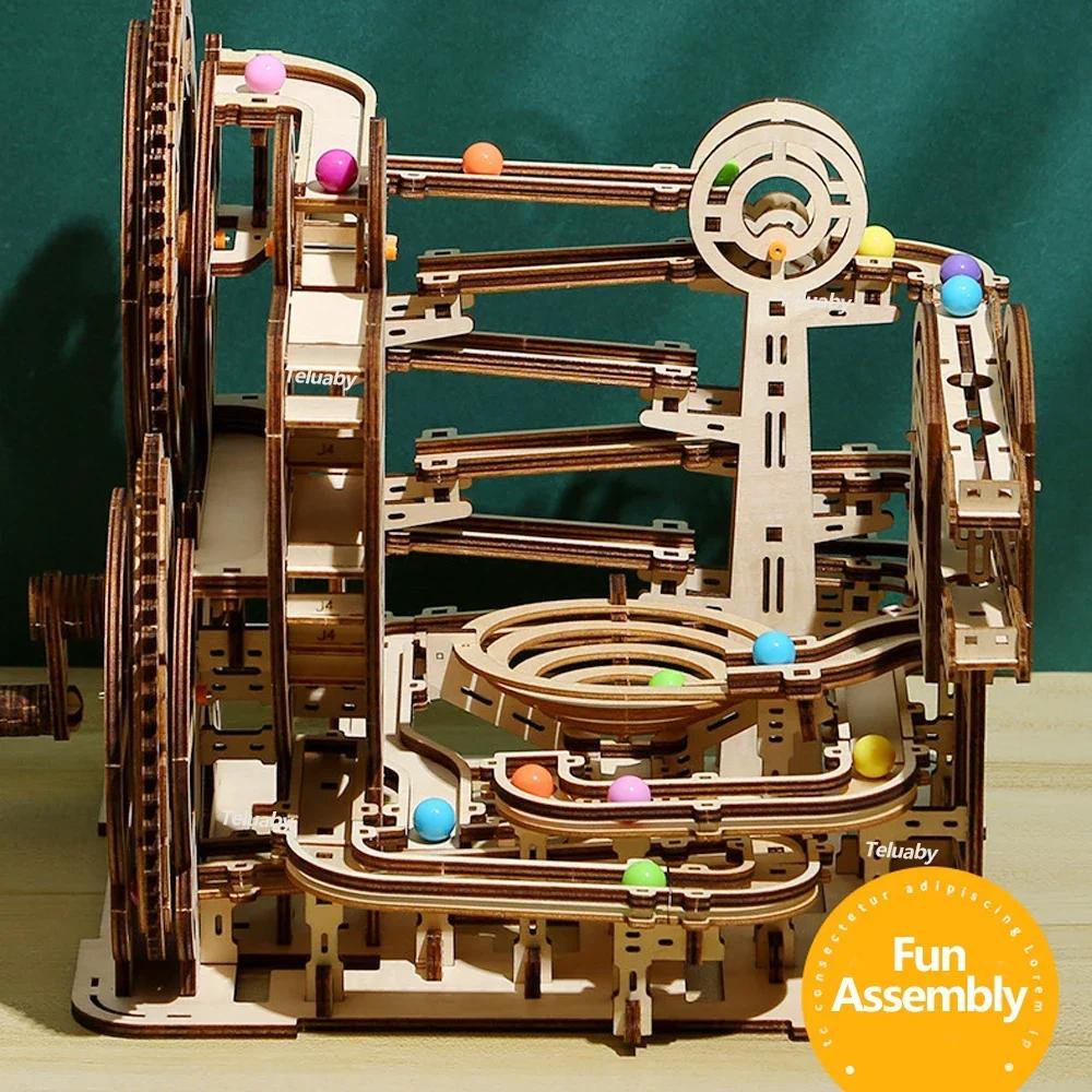 3D Wooden Puzzle Marble Run Set DIY Assemble Building Model Kits STEAM Educational Toys for Kids Adult Gifts, 3 Types