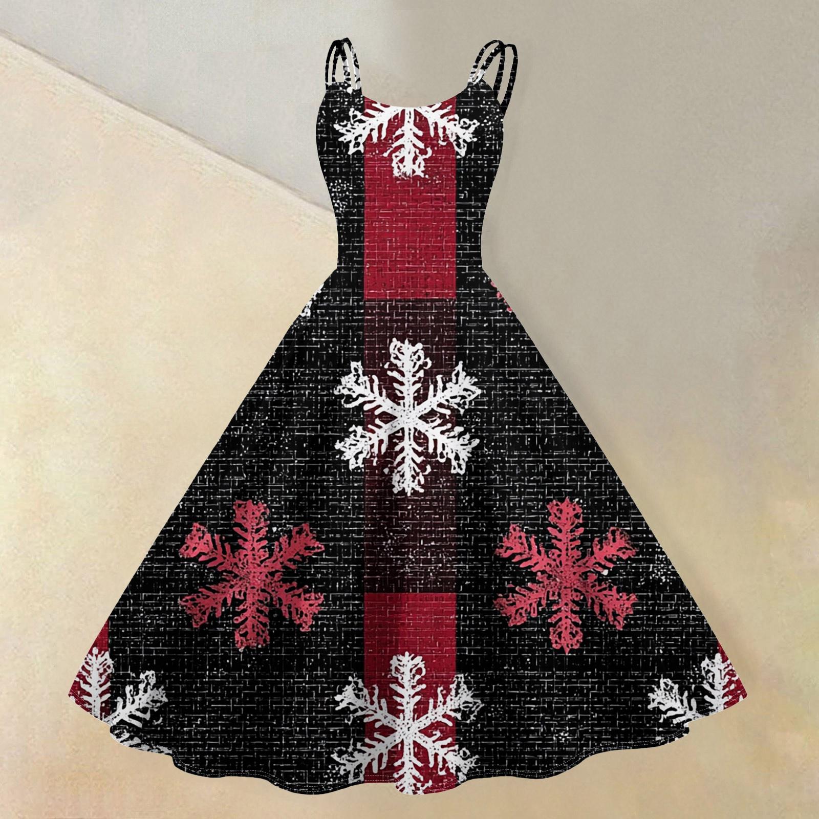 (Merry Christmas) Women s Casual Fashion Christmas Snowflake/Christmas Tree/Snowman Print Round Neck Retro Dress L чёрный